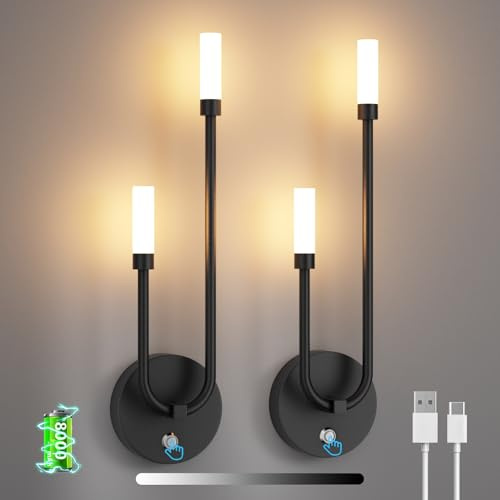 Aipsun 2 Stück LED Wandleuchte Innen,8000mAh, 8W akku wandleuchte innen ohne stromanschluss dimmbar schwarz, 550LM 3000K Touch,für Treppe, Schlafzimmer,Wohnzimmer Schminktisch kabellose wandleuchten
