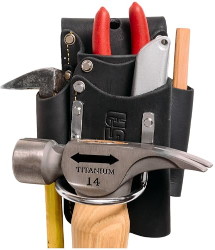 'FESA Small Leather Tool Pouch - 5-in-1 Heavy Top Grain Leather Small Tool Pouch with a Steel Hammer Loop, 4 Pockets & Reinforced Heavy Duty Rivets - Fits Belts up to 3'' - Handcrafted'