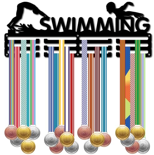 CREATCABIN Medaillenhalter Schwimmen Medaillenaufhänger Metallmedaillenhalter Schwarzes Regal Aufhänger Organizer Medaillenständer Rahmen Zur Wandmontage Aufhängen Für Über 40 Medaille 40x15cm