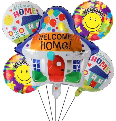 Nine San 5 Stück Herzlich Willkommen Zuhause Luftballon Welcome Home Runde Folienballon Zurückkehren zu feiern Hochzeit Helium Foil Bunte Ballons Party Deko