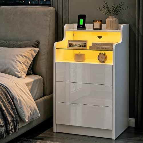 Ikewaier LED Bedside Table, White Bedside Cabinet with 3 Drawers, High Gloss Nightstand with Charging Station, 2 AC Outlets, 2 USB Ports, for Living Room, Bedroom, Study, Modern