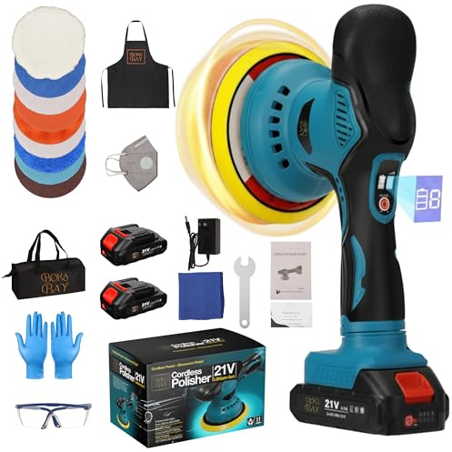 BOKA BAY Cordless Car Buffer Polisher Kit 6 Inch with 21V 2x2000mAh & 9 Pcs Attachments, Car Polisher with 8 Variable Speed 2800-6000RPM, Orbital Polisher for Detailing, Sanding, Scratch Removing