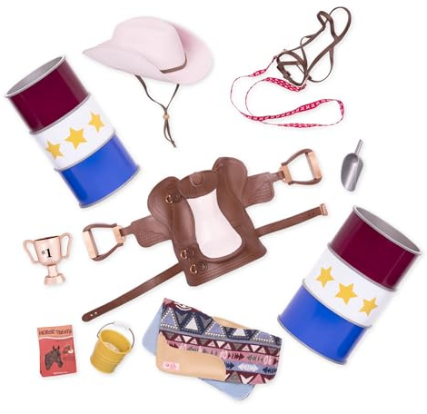 Our Generation Barrel Racing Set Reitsport-Set für 46 cm Puppen, Reitset | Reitsport-Set für 46 cm Puppen mit 2 Fässern, Sattel, Trense, Pferdedecke, Pokal, Schaufel und Eimer mit Futter, 5+ Jahre