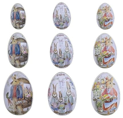 GuangChengTong Osterhasen-Blechdose, 9 Stück, kreative eiförmige Süßigkeitenbox, Metall, Schmuck, Münzen, Aufbewahrung, Weißblech für Eiersuche, Spiel, Frühling, Osterkorbfüller