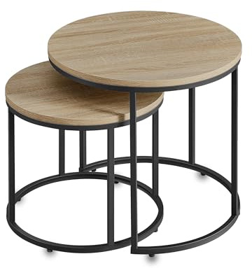 Best For Home |Rundes Couchtisch-Set aus 2 | Couchtisch Eiche/Schwarze Beine |Beistelltisch |Wohnzimmertisch mit Metallgestell| Industriedesign |Selbstmontage | Couch Tisch Sonoma Eiche |Satztische