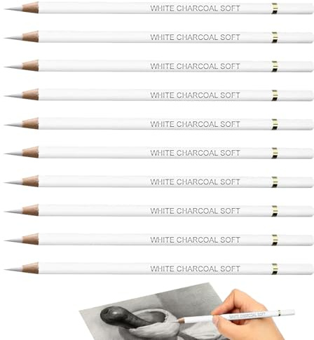 Krysel 10Pcs White Charcoal Pencils for Drawing, Highlight Sketch Pencils, Professional Art Supplies for Artists, Shading, Blending, and Detailing on Dark Paper