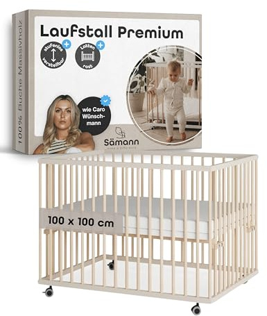Sämann Laufstall Baby mit Lattenrost | stufenlos höhenverstellbar | Laufgitter Premium | Babybett aus Holz | Krabbelgitter (sahara dust/natur, 100x100 cm)