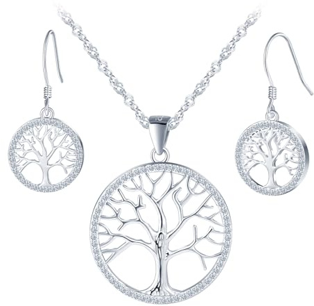 Yumilok Tree of Life Necklace 925 Sterling Silver Tree Pendant Jewellery Gifts for Women Girls Stud Earrings Hoop Set Zirconia