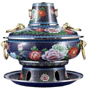 OWOHYG Vintage-Multifunktions-Chafing Dish aus Kupfer mit Holzkohle für den Haushalt, Kupfer-Chafing Dish, Shabu-Shabu-Topf, Shabu-Kocher (blau, 32 cm)