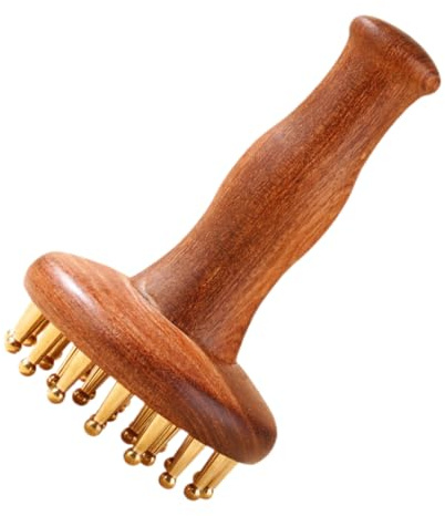 Beaupretty Ergonomic Wooden Handle Massager Brass Massage Brush with Sandalwood Material for Body Abdomen Use, Portable Manual Massager Brush for Office Breaks and Travel