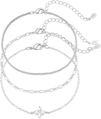Diorra 3Pcs Silver Chain Bracelets,925 Sterling Silver Bracelet Adjustable Stackable Figaro Tennis Bracelet Jewellery Gifts for Women