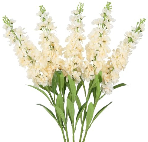 INSUNSIX Champagne Delphinium Artificial Flowers 5PCS Silk Flowers with Stems Snapdragon Long Stem for Tall Vase Home Wedding Centerpieces Decor (Champagne)