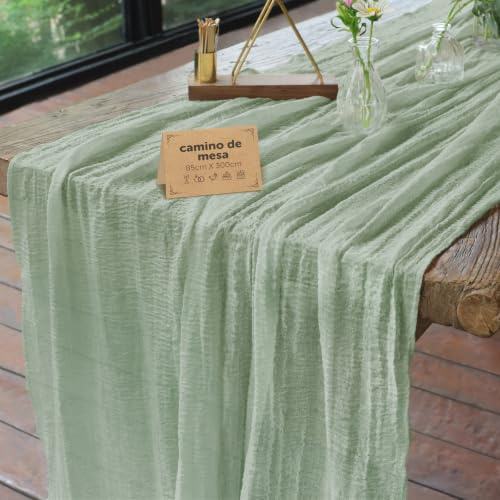 aboveBED 85cm X 300cm Musselin Käsetuch Tischläufer Eukalyptus Grün, Boho Waschbar Tischdeko Tischband für Hochzeit, Geburtstag, Kommunion, Taufe, Party, Valentinstag, Weihnachten und Silvester Dekor