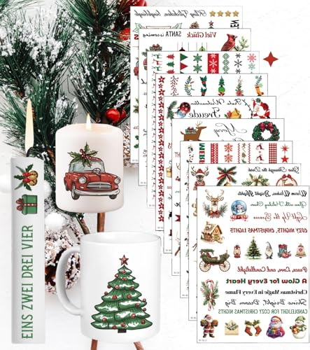 Rusudiy 9 Pezzi Natale a Forma di Candela (160 Motivi), Adesivi Decorativi con Stampa a Trasferimento ad Acqua, Pellicola per Decorazione, Scritte e Motivi Festivi, Idea Regalo