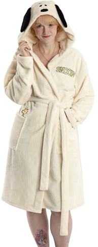 Peanuts Accappatoio con cappuccio color crema da donna di Snoopy | Pigiama in pile a maniche lunghe con orecchie 3D | Pigiama da notte con cartoni animati