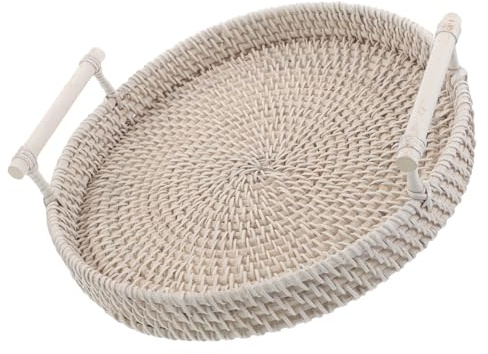 DOITOOL Vassoio Rotondo in Rattan Intrecciato con Manici Portavivande Naturale per Pane Snack e Asciugamani per Casa Hotel e Cucina