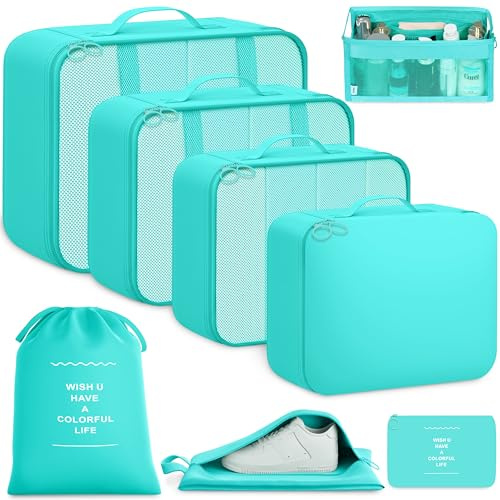 BAGAIL 8-teiliges Packwürfel-Set, Reiseorganizer mit atmungsaktivem Netz & Schuhbeutel, leichte Nylon Packorganizer für Koffer, 9 Farben - Himmelblau