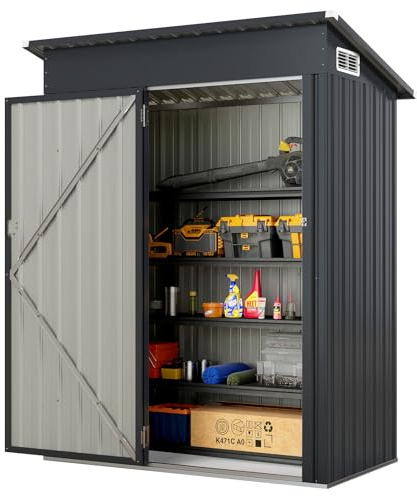 FANTASK Gartenhaus Metall, 150 x 90,5 x 185 cm/1,5 m³, Gartenschrank abschließbar mit Pultdach & Tür, Outdoor Geräteschuppen, Garten Schuppen (Dunkelgrau)