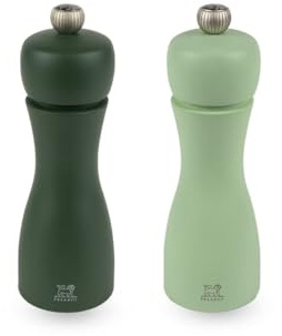 PEUGEOT - Pfeffermühle + Salzmühle Tahiti Wasser 15 cm + Pfeffer & Steinsalz - Innovatives Zirlion-Mahlwerk - Aus zertifiziertem Holz - Französiches Know-How - Moos- & Minzgrün