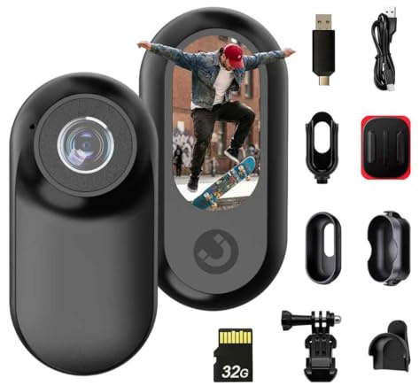 fceoul Mini Action Cam 1080P Telecamera Portatile, Ultraleggera 26g con Schermo 1.0, Body Cam Magnetica, Memoria 32GB e Accessori, Telecamera Casco per Bici, Moto, Vlog, Animali (Nero)