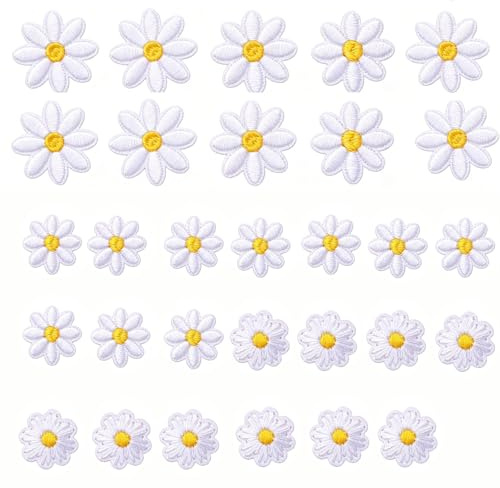 Bügelflicken, Patches zum Aufbügeln, Gänseblümchen – 30 Stück weiße Blumen Applikationen, bestickte Aufnäher für Kleidung, Jeans, Jacken, Rucksäcke
