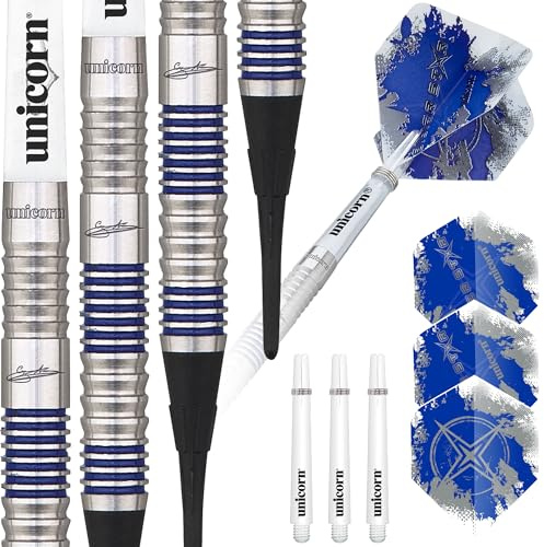 Unicorn Soft Tip Professional Darts Set | Gary 'The Flying Scotsman' Anderson Silver Star | 80% Natural Tungsten Barrels with Blue Accents | 18 g
