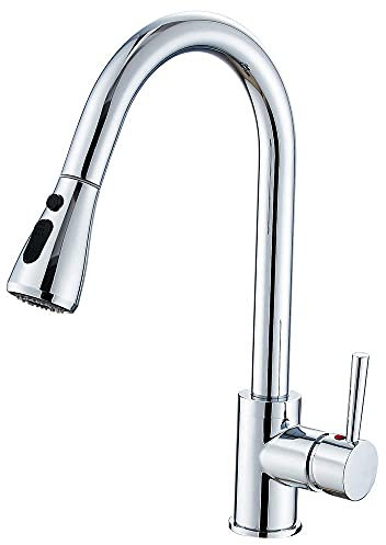 Heable Chrome Kitchen Sink Mixer Tap with Pull Down Sprayer, Single Handle High Arc Pull Out Tap, Solid Brass Faucet with UK Standard Fittings