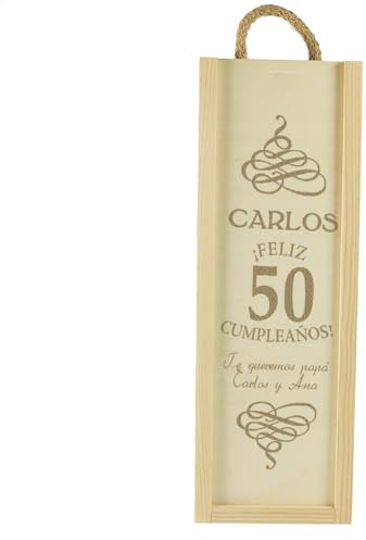 CALLE DEL REGALO Caja para botella de vino especial cumpleaños | Personalizada con nombre, edad y dedicatoria grabado | Caja de madera con tapa corridiza y asa | Capacidad para 1 botella