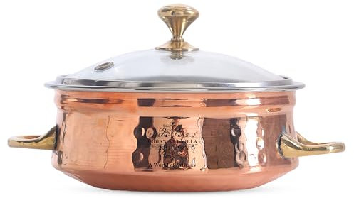 IndianArtVilla Bol Handi en acier avec poignée en laiton et couvercle en verre pour servir des plats indiens 10 OZ Silver & Brown