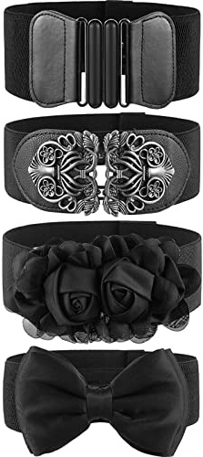 Chuangdi 4 Pieces Women Vintage Wide Waist Belt Black Belt for Dress Elastic Stretch Retro Waistband for Jeans Pants(Rustic Style)