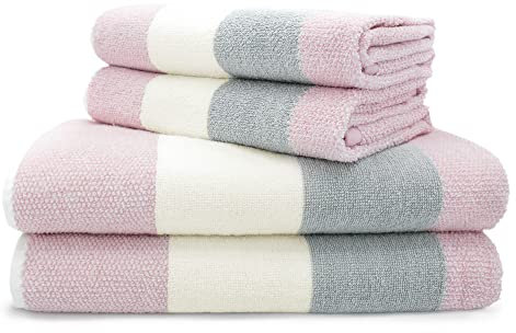 Velosso 4pce Premium 100% Cotton Towel Bale Set Multi Striped Ombre Hand Bath Towels Blush Pink 2 Hand with 2 Bath Towels Bundle Set Super Absorbent Quick Drying