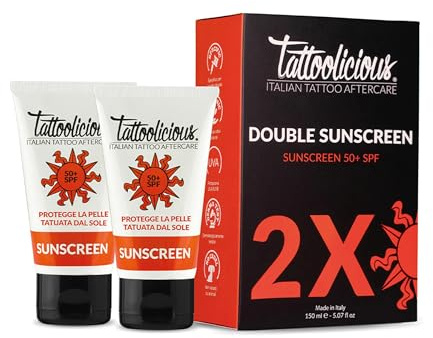 Tattoolicious DOUBLE SUNSCREEN 50+ SPF Tattoo-Sonnenschutz, mit Anti-Fading-Formel und Biologische Wirkstoffen, 150 ml - Doppelpack (2 Tuben à 75 ml)