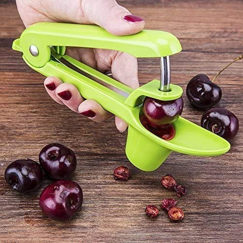 Iwinna Cherry Pitter or Stoner, Olive Pitter Remover, Cherry Core or Seed Remover with Good Grips Handle & Food Grade Silicone Cup (Green)