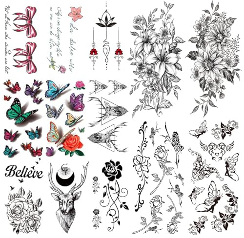 LEADTEAM 26 Blätter Fake Tattoos, Temporäre Tattoos 3D Schmetterling Blume Tattoo Arm Tattoo, Klebetattoos Erwachsene Aufkleben Damen Frauen Tattoo Aufkleber Party Deko Festival