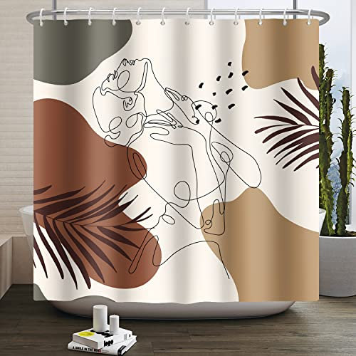Bovlleetd 180x180cm Abstrakter Boho-Duschvorhang Bohemian Botanical Mid Century Art Duschvorhänge Palmblatt-Linie Frau Baden Badezimmervorhang Wasserdichter Badewannenvorhang