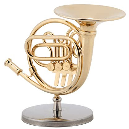 Kuuleyn Miniatur-Waldhorn-Waldhorn-Ornament-Instrumentenornamente 4-Zoll-Miniatur-Goldener Waldhorn-Nachbau mit Ständer-Instrumentenmodell-Ornamenten