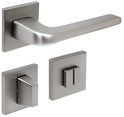 FELGNER Drückergarnitur für Bad und WC Cortina mit offen und geschlossen Zeichen | hochwertige moderne Garnitur Türgriff Türbeschlag runde Rosette mit Drehgriff für Badtüren | Nickel matt