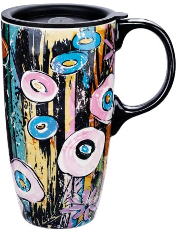 DUSVALLY 500ml Ceramic Travel Mug with Lid, Abstract Art Coffee Mug | Large Artistic Tea Cup, Microwave & Dishwasher Safe, Gift Box Included