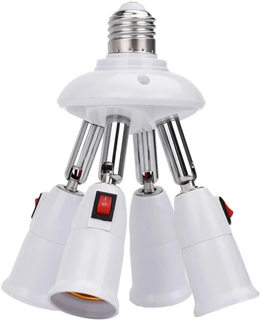 4 in 1 Light Socket Splitter Outlet Adapter - E26/E27 Light Bulb Socket Expander with Switch, 360° Adjustable Multi-Socket Extender for LED/CFL/Motion Sensor Bulbs, 4 Way Light Bulb Extension Socket