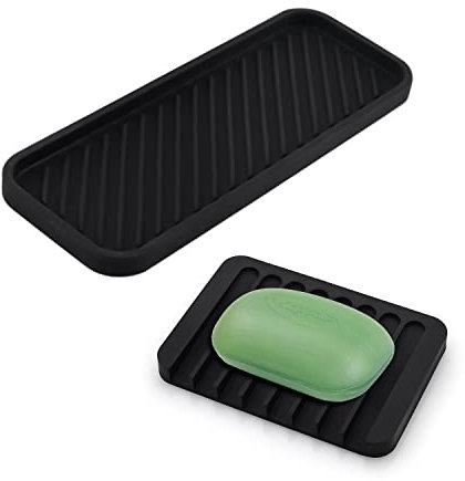 1 alfombrilla de drenaje de silicona negra, con 1 soporte de jabón negro, soporte de esponja de silicona simple, administrador de fregadero de cocina antideslizante, adecuado para cepillos,etc.