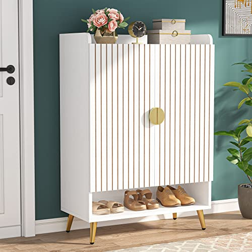 Tribesigns Zapatero con 2 Puertas, 6 Niveles Ajustables para 24 Pares, Armario de Madera con Estilo Boho y Diseño Diamante, Mueble de Entrada para Pasillo y Salón (Oro Blanco)