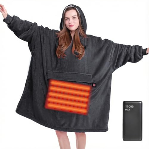 MAXEVE Heated Wearable Blanket Hoodie with Battery Pack 10000mah, Oversized Sherpa Blanket Hoodie for Women Men, Warm Soft Blanket Hoodie Sweatshirt Grey