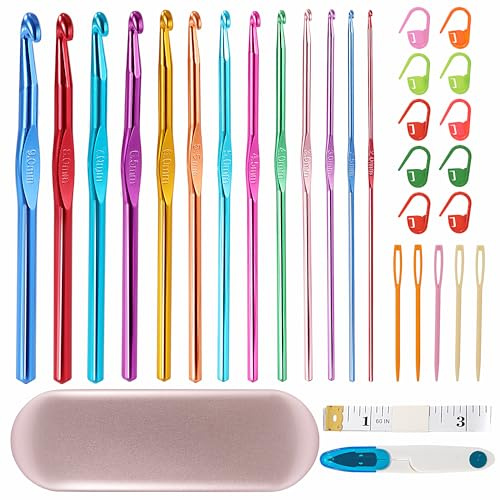 Newellsail Häkelnadel-Set 13 Größen 2-9mm Bunte Häkelnadel aus Aluminium mit Häkel Zubehör und Eisen Aufbewahrungsbox für Häkelanfänger 30 Stück