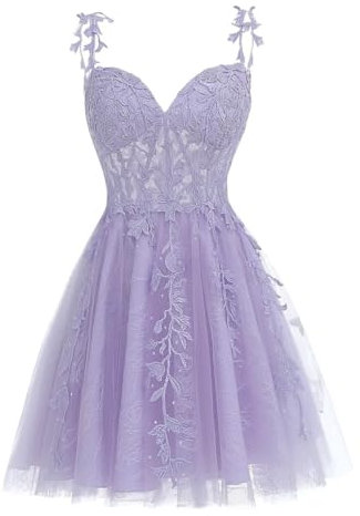 WSEYU Robe de soirée étudiante en tulle à bretelles spaghetti pour enfant - Robe de cocktail courte en dentelle - 2023 pour adolescents, Lilas clair, 44