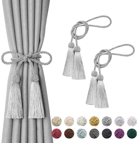 Pretty Jolly 2 Stück doppelte Quaste Vorhang Raffhalter handgemachte Seil Knoten drapieren Raffhalter Krawatte zurück Elegante dekorative Vorhanghalter für Haus & Büro Fenster Draperie (Grau)
