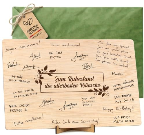CONTRAXT Ruhestandskarte oder Unterschriftenbuch aus Holz. Originelle Glückwünsche zur Pensionierung für Kollegen, Chefs, Freunde, Lehrer, Pensionierte Männer und Frauen (Ruhestand)
