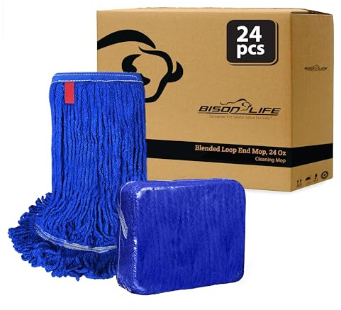 KLEEN HANDLER Repuesto de cabezal de fregona resistente con extremo de bucle mezclado, repuestos de mopa húmeda para uso industrial y comercial, azul oscuro, 24 onzas (paquete de 24)