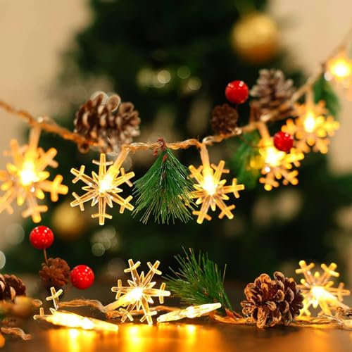 Johiux Christmas Garland with Lights,LED Christmas Table Decoration,Snowflake Fairy Lights Decorations Indoor,Table Centrepiece for Xmas Decor Battery Powered