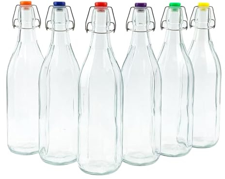 Lucente 1L Vintage Style Clear Octagonal Shaped Bottles with Assorted Colour Swing Top Lids