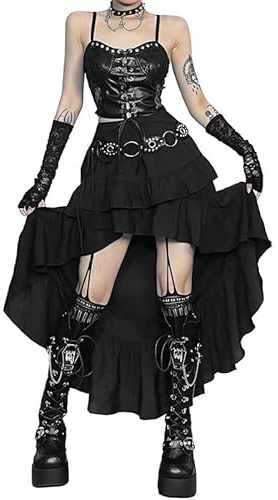 CAMDOM Flicka steampunk oregelbunden kjol gotisk hög låg retro volang midi-kjolar, Svart, XS
